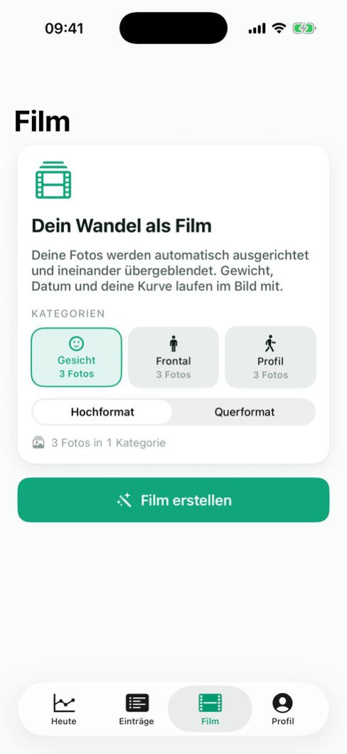 Formwandel Film-Tab: Kategorien und Format wählen, Film erstellen
